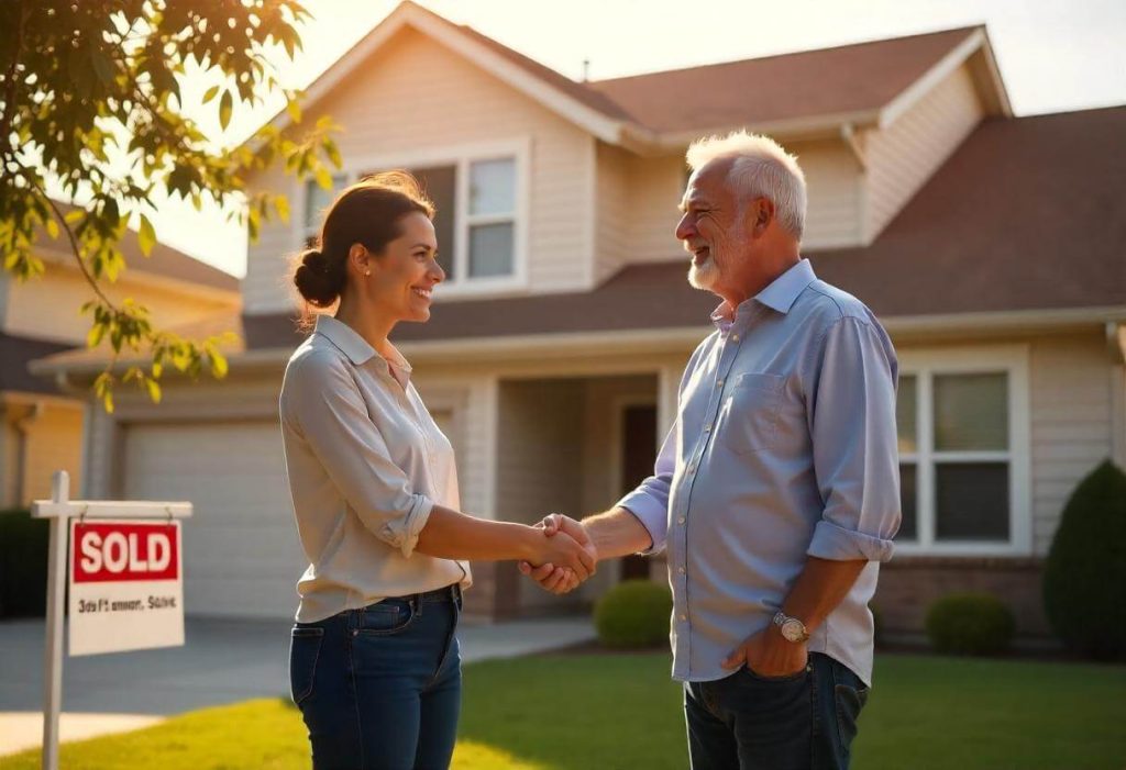 A happy homeowner shaking hands with a representative in front of a house with a 'Sold' sign in the yard.